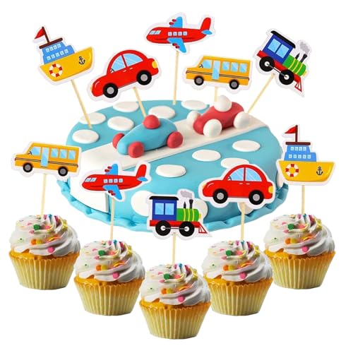 30 Stück Tortendeko Auto, Transport Kuchendeckel, Auto Bus Zug Flugzeug Schiff Kuchen Topper, Kuchen Deko Auto, Transport Cupcake Toppers von lafomukea