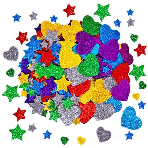 lafomukea 300 Stück Glitzernde Schaumstoff Aufkleber, Farben Selbstklebend Stern und Herz Sticker, Kinder Schaumstoff Aufkleber, Glitzer Sticker DIY Filz Aufkleber für Party Dekoration von lafomukea