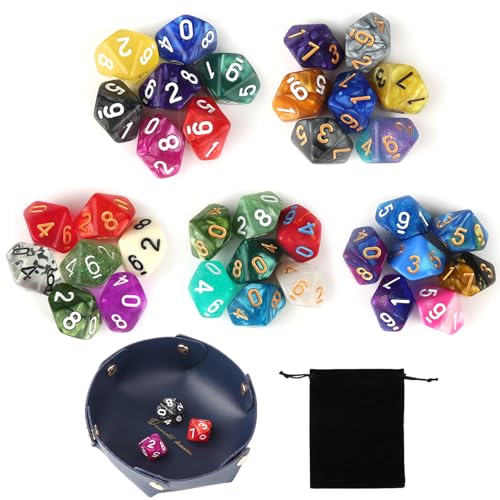 lahnao 35 Stück Polyedrische Würfel, 16mm DND Würfel Set mit Schwarzem Beutel und Würfelbrett, D10 Dungeons and Dragons Würfel (0-9) für DND, RPG, MTG und Andere Tabletop Spiele von lahnao