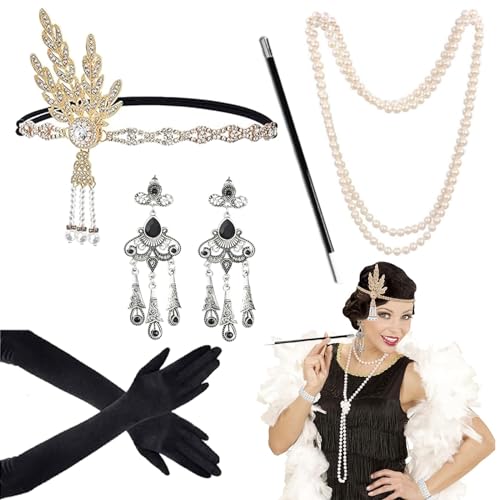 5 Stück Mode Retro Gatsby Accessoires, 20er Jahre Kostüm Damen Set, Great Gatsby Accessoires Damen, Stirnband Halskette Ohrringe Handschuhe Rauchstange, Für Roaring 20's Party, Cosplay (Schwarz) von lankai