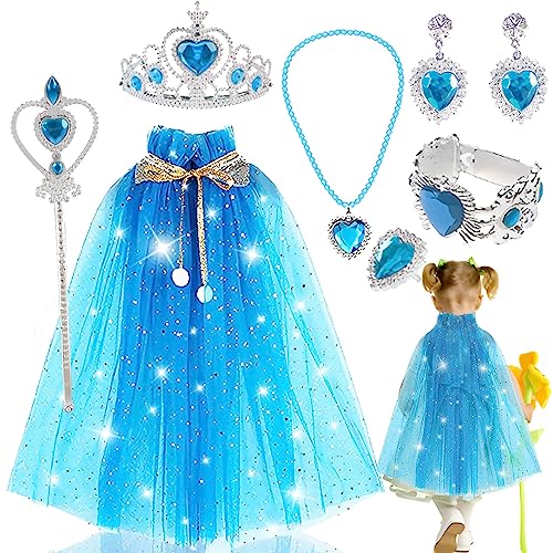 lankai 7 Stück Umhang kinder, Kinder Umhang Prinzessin Cape, Prinzessin Umhang Mädchen, Kinder Umhang Prinzessin Blau, Mit Krone Zauberstab Armband Ring Ohrringe Halskette, Für Cosplay, Kinder von lankai