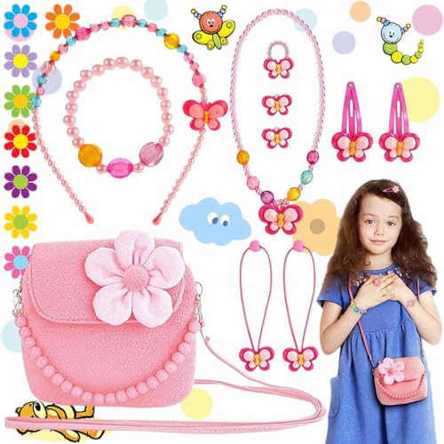 lankai 8 Stück Schmuckset Mädchen, Kinderschmuck, Kleine Mädchen Schmuck Set, Mädchen Plüsch Handtasche, Kinderkette Mädchen, Mädchen Armband Ring und Ohrring Schmuckset, Geburtstag Geschenk von lankai