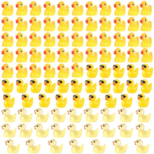 lasuroa 100st Mini-Enten, Kleine Gelbe Enten Miniaturfiguren Mini Enten aus Kunstharz mit Sonnenbrille Leuchten Dunkeln Kleine Enten für Party DIY Mikro Landschaftsdekorationen Ornamente(3 Stile) von lasuroa