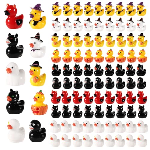 100stk Mini-Halloween-Enten, Kunstharz Halloween Miniatur Ente Kürbis Hexe Geist Totenkopf Teufel Mumie Schwarze Katzen Fledermaus Ente für Garten Puppenhaus-Dekoration Halloween-Partygeschenk von lasuroa