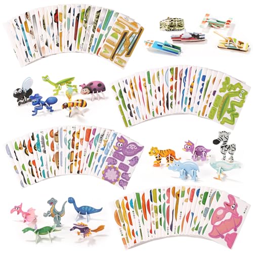 100stk Pädagogisches 3D Puzzle Kinder, Kinderspielzeug ab 3 Jahre Puzzle Vielseitige DIY-Bastelgeschenke 3D Tiere Dinosaurier Flugzeuge Insekten kunsthandwerk für Kleinkinder Jungen Mädchen von lasuroa