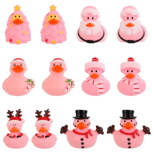 12stk Rosa Weihnachts Gummienten, Gummiente mit Weihnachtsmotiv Rosa Gummiente Verschiedene Gummienten Bunte Gummientchen Badeente als Dekorationsgeschenk für Weihnachtsfeiern(Stil 1) von lasuroa