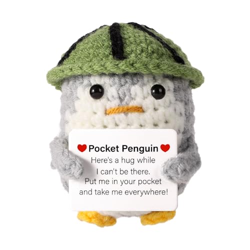 Lustige Taschen Pinguin Umarmung, 8,5 cm Gestrickter Positiver Pinguin mit Hut aus Wassermelonenschale Ermutigende Karte Niedliche Gehäkelte Pinguin Puppe Spielzeug Geschenk für Sommerparty von lasuroa