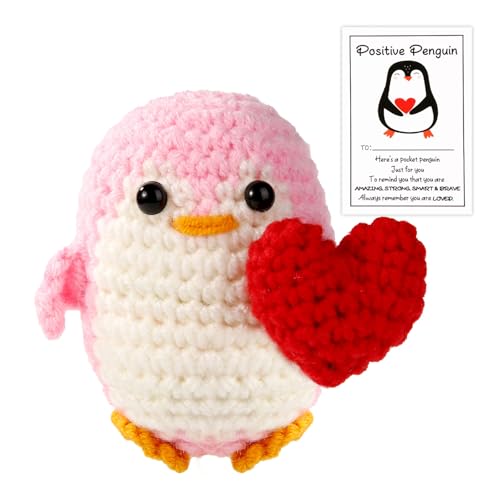 Lustiger Positiver Pinguin, 6,5cm Gestricktes Pinguin Spielzeug mit Herz Positiver Pinguin & Positiver Karte zur Ermutigung von Freunden und Familie als Aufmunterndes Geschenk zum Valentinstag von lasuroa