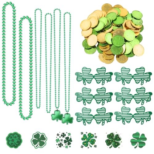 144 Teiliges Partygeschenk Set zum St. Patrick's Day, Einschließlich Kleeblatt Brille Halskette Plastikmünzen und Tattoo Aufklebern st Patricks Day Dekoration von lasuroa