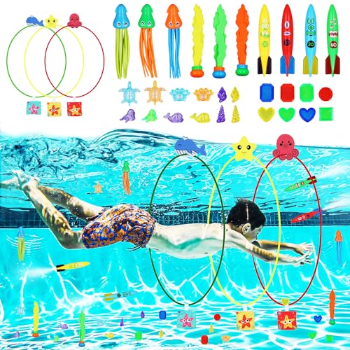 lasuroa 39pcs Tauchspielzeug Set, Mehrfarbiges Pool Sinkspielzeug Tauchspiel Oktopus Schildkröte Seestern Tauch Edelsteine Unterwasser Schwimmtrainingsspielzeug Tauchringe für Kinder, Familie von lasuroa