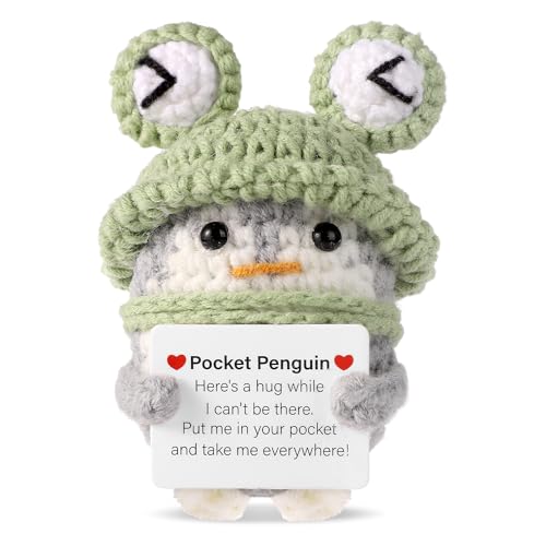 lasuroa Lustiger positiver Pinguin, 9 cm Großes Mini Süßes Gestricktes Pinguin Spielzeug mit Froschhut Ermutigende Karte Pinguin Puppe Positives Häkel Plüsch Jubelgeschenk für die Geburtstagsfeier von lasuroa