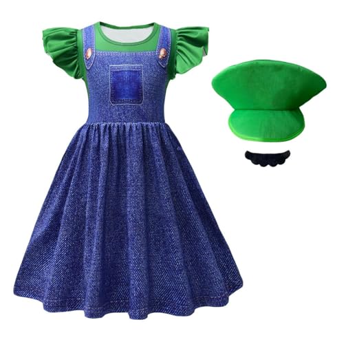 laughZuaia Kleine Mädchen Prinzessin Pfirsich Kostüm Kinder Puff Sleeve Fee Super Bros Kostüm Cosplay Fancy Kleid Outfits Pfirsich Krone Handschuhe (100, green) von laughZuaia