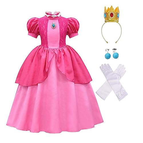 laughZuaia Kleine Mädchen Prinzessin Pfirsich Kostüm Kinder Puff Sleeve Fee Super Bros Kostüm Cosplay Fancy Kleid Outfits Pfirsich Krone Handschuhe (110, peach 1) von laughZuaia