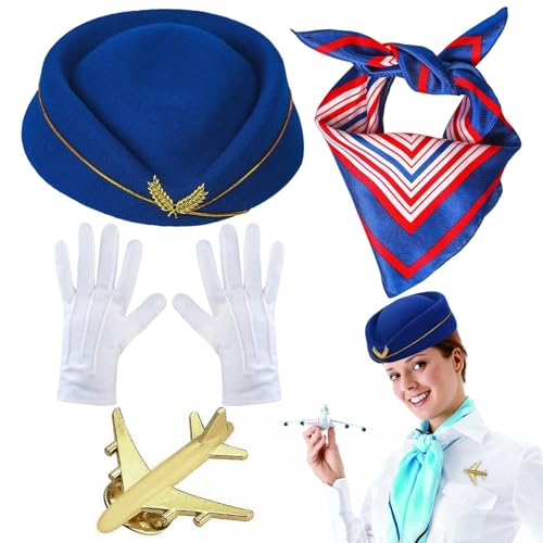 Stewardess Cosplay Set, Flugbegleiter Kostüm, Stewardess Kostüm Im Klassischen Design, Damen Stewardess Kostüm Zubehör, Flugbegleiterin Hut Schal Handschuhe Brosche, Stewardess Cosplay Kostüm Zubehör von laxreheye