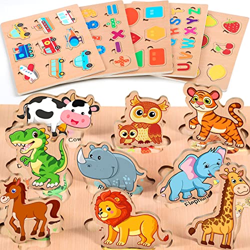 lenbest 6er Set Kinder Holzpuzzle - Montessori Spielzeug - Tier Alphabet Nummer Fahrzeuge Form Frucht Holzspielzeug - Puzzle Steckpuzzle Lernspielzeug Kinderspielzeug 2 3 Jahre - Geschenke von lenbest