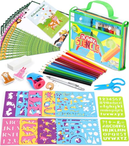 lenbest Schablonen Kinder Set - Spielzeug Malschablonen - Lernspielzeug Geschenke 3 4 5 6 7 jahre - Malset Bastelset für Kinder - 20 Zeichenpapier | 10 Buntstifte | Bastelschere | Spitzer von lenbest