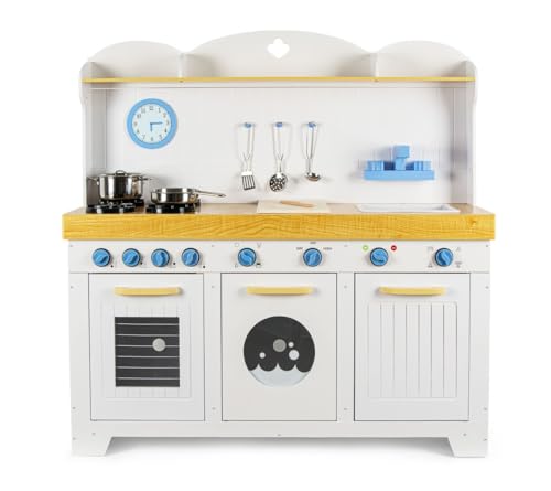 Leomark Holzküche für Kinder - Saint Tropez - Kinderküche mit Zubehör, Backofen, Waschmaschine, Geschirrspüler, Spielküche mit Uhr, Höhe: 107 cm, Farbe Blau und Weiß von Leomark