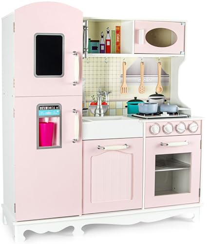 Leomark Kinderküche aus Holz - Pink Vintage - Spielzeugküche mit silbernen Accessoires, Küche mit Telefon und Eismaschine, ideal für Kinder, Pinke Farbe, Höhe 103 cm von Leomark