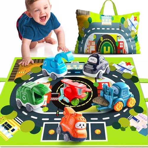 lerrbo 6 PCS Cartoon Lastwagen Auto Spielzeug mit Kräne/Spielmatte/Aufbewahrungstasche|Spielzeug ab 1 Jahr|Babyspielzeug für 1+ Jahre Alten Jungen|Geschenk 1 Jahr Junge von lerrbo