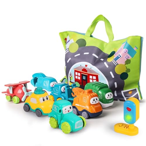 lerrbo 7 Vehicles with Kräne, Map and Blue Traffic Light &Aufbewahrungstasche|Babyspielzeug für 1 jährige Jungen|1 jähriger Junge Geburtstagsgeschenk für erste Geburtstagsgeschenke von lerrbo