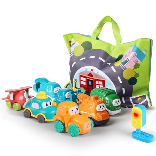 lerrbo 7 Vehicles with Kräne, Map and Yellow Traffic Light &Spielmatte/Aufbewahrungstasche|Babyspielzeug für 1 jährige Jungen|1 jähriger Junge Geburtstagsgeschenk von lerrbo