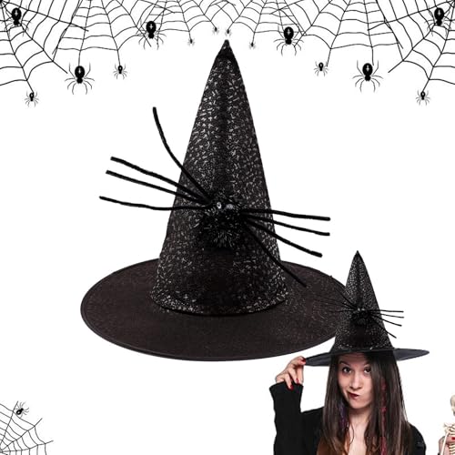 Leryveo Halloween-Zaubererhut,Halloween-Hexenhut - Halloween-Kostüm Hexenhut - Hexenhut mit breiter Krempe für Damen, spitze Zauberermützen, schwarze Halloween-Hexenhüte, schwarzer Spinnen-Zaubererhut von leryveo