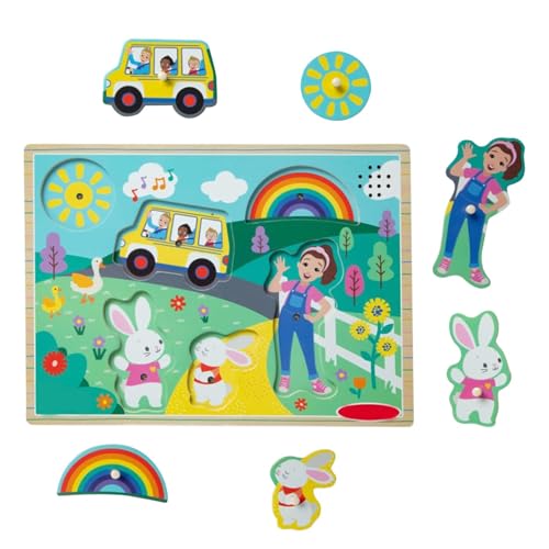 Ms Rachel Holzpuzzle Kinder | 30 X 22 cm Ms Rachel Wooden Song Peg Puzzle | 6 Teile Miss Rachel Cartoon Szenen Holzpuzzles mit Liedern und Stiftgriffen | Miss Rachel Montessoris Steckpuzzle für Baby von leryveo