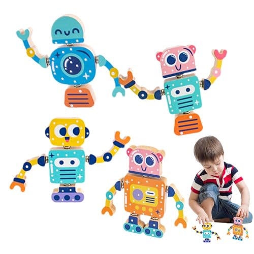 leryveo Roboterbausatz, Bauspielzeug für Kinder - Holz-Roboter-Konstruktionsspielzeug - Lernblöcke, Stem-Kits, 4-teiliges kreatives Spiel-Roboter-Bauset für Jungen und Mädchen von leryveo