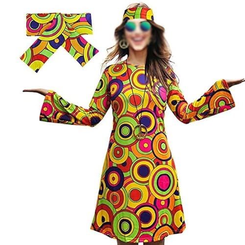 letaofang Damen-Hippie-Kleid, 1970er-Kostüm, mit Halskette, Ohrringen, Sonnenbrille, Disco-Outfit, 1960er-Party-Kostüm, Halloween Retro-Kleid von letaofang
