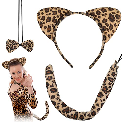 3 Teilig Leoparden Zenohren Stirnband Set,leoparden Schwanz, Elastische Fliege Und Katzenohren Stirnband, Ohren Stirnband Set, Cosplay, Kostüm Party Dekoration Zubehör Halloween Kostüm Für Mädchen von letcdfer