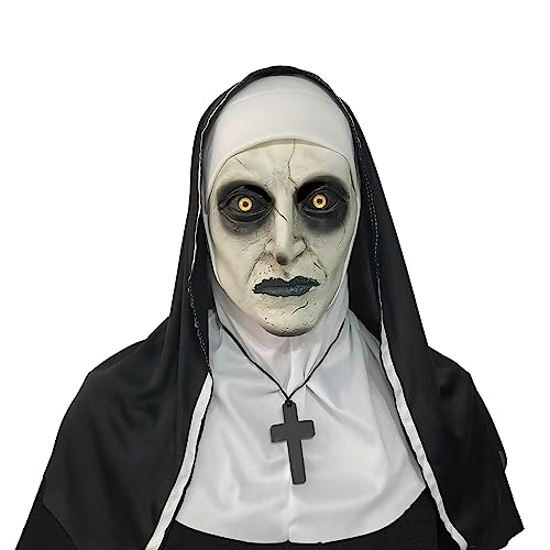 Lewexiison Gruselige Nonnenmaske, Halloween-Vollkopfmaske mit Kreuz-Halskette, Nonnenmaske von lewexiison