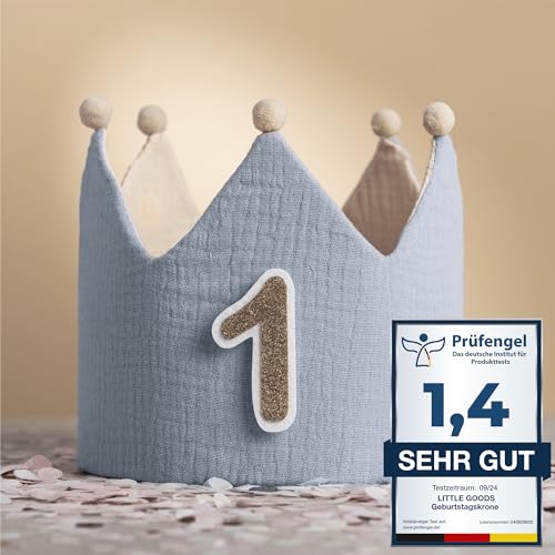 Little Goods Geburtstagskrone für Kinder - wendbare Musselin-Stoffkrone mit austauschbaren Zahlen 0-9 - Krone für Jungen und Mädchen, Pastell - Blau - Beige von lg LITTLE GOODS