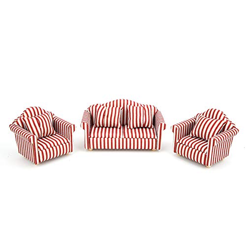 1:12 Mini-Puppenhaus-Dekoration, Sofa, Mini-Einzelsofa, Couch-Sessel, Orange-rot-goldgestreiftes 3-teiliges Sofa-Set mit 4 Kissen, Puppenhaus-Miniatur-Zubehör von lihsong