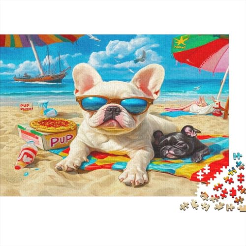 French BullHund Welpe Puzzle Für Erwachsene 1000 Puzzle Strand-Szene Anspruchsvoll Puzzle Teile Erwachsener Kniffel Spaß Für Die Ganze Familie Unmögliches Puzzle DIY Kreative 1000pcs (75x50cm) von lihuogongsio