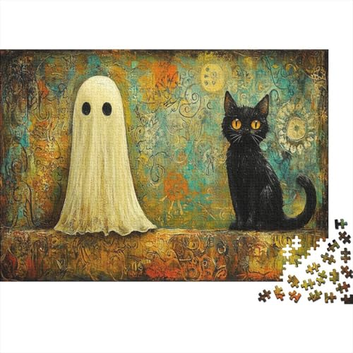 Halloween Geist Puzzle 1000 Teile Puzzle Teilige Schwarze Katze Spielepuzzles Für Die Ganze Familie Brain Challenge Raumdekoration Lernspiel Spielzeug 1000pcs (75x50cm) von lihuogongsio