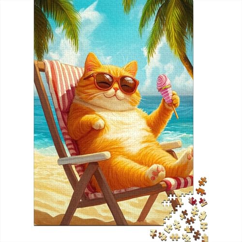 Orange Katze Puzzle 1000 Teile Puzzle Für Erwachsene Sommer Strand Stress Abbauen Familien-Puzzlespiel DIY Kreative Unterhaltung Schöne Geschenkidee Kräftigen Farben 1000pcs (75x50cm) von lihuogongsio