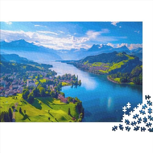 Village Landschaft 1000 Stück Puzzles Blauer See Erwachsene Stress Abbauen Familien 1000 Brain Challenge Lernspiel Spielzeug Premium Quality Spielzeug Geschenk Mehrfarbig 1000pcs (75x50cm) von lihuogongsio