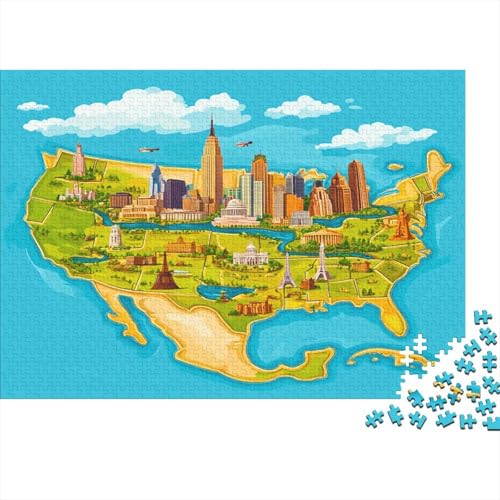 Wahrzeichen Puzzle 300 Teile Puzzle Für Erwachsene Karte von Amerika Geschicklichkeitsspiel Für Die Ganze Familie Premium Quality Schöne Geschenkidee Kräftigen Farben 300pcs (40x28cm) von lihuogongsio