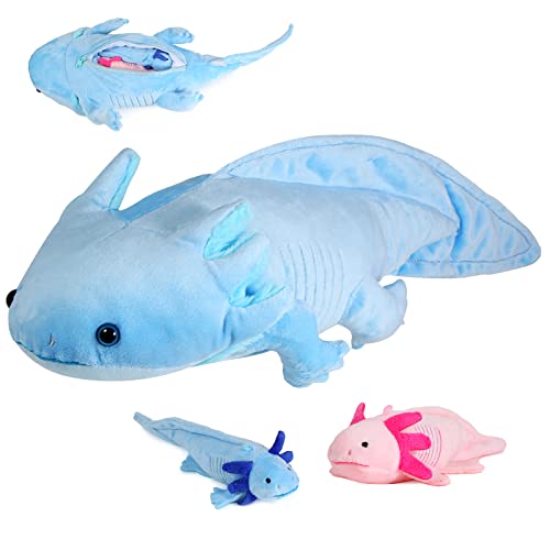 lilizzhoumax Axolotl Plüschtier mit 2 kleinen Axolotls, Simuliertes Tier 3-teiliges Weiches Axolotl Plüschtier Spielset mit Reißverschlüssen, kawaii Axolotl Plüschspie, Geschenk für Freunde und Kinder von lilizzhoumax