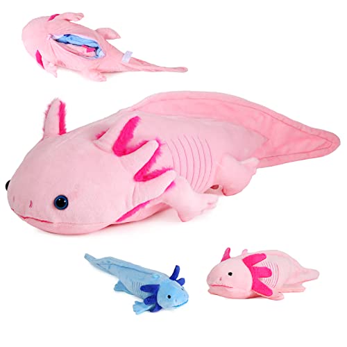 lilizzhoumax Axolotl Plüschtier mit 2 kleinen Axolotls, Simuliertes Tier 3-teiliges Weiches Axolotl Plüschtier Spielset mit Reißverschlüssen, kawaii Axolotl Plüschspie, Geschenk für Freunde und Kinder von lilizzhoumax