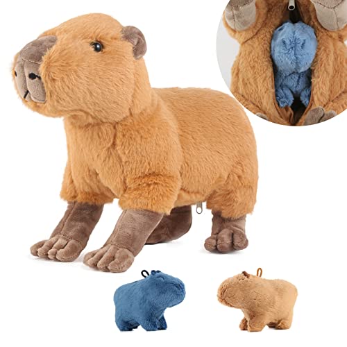 lilizzhoumax Capybara Plüschtier mit 2 kleinen Capybaras, simuliertes Tier 3-teiliges weiches Capybara-Plüschtier-Spielset mit Reißverschlüssen, Kawaii Capybara Plüschspie, Geschenk für Kinder von lilizzhoumax