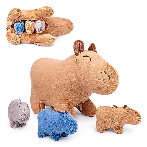 lilizzhoumax Capybara Plüschtier mit 3 kleinen Capybaras, simuliertes Tier 4-teiliges weiches Capybara-Plüschtier-Spielset mit Reißverschlüssen, Kawaii Capybara Plüschspie, Geschenk für Kinder von lilizzhoumax