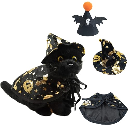 lilizzhoumax Schwarze Katze Plüschtier 11Zoll Tier Kawaii Katze Kuscheltier Halloween Party Spielzeug für Wilde Tiere Geschenk für Kinder Stofftier Geburtstagsgeschenk Mäntel und Hüte Gold von lilizzhoumax