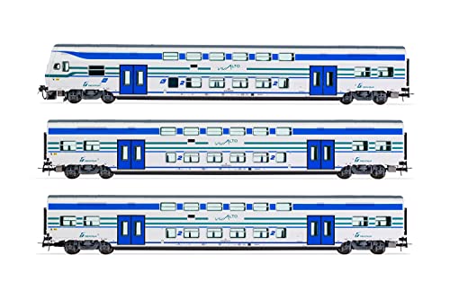 FS Trenitalia Vivalto-Passagierwagen, 3 Stück, 1 x Steuerwagen mit Führerstand, 2 x Zwischenwagen, in Vivalto-Lackierung, Grün/Blau/Weiß von lima