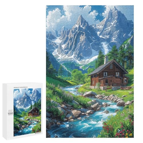 1000 Teile „Eine Stadt unter den schneebedeckten Bergen“ Puzzle für Erwachsene runde Holzpuzzles für die ganze Familie (75 x 50 cm) von linghhiming