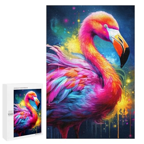 1000 Teile für Erwachsene und Kinder von Jigsaw Art. Psychedelic Flamingo Puzzles für Erwachsene. Rundes Holzpuzzle (75 x 50 cm) von linghhiming