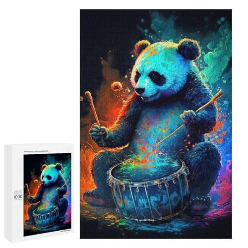 1000 teiliges Panda Spiel Trommel Puzzle für Erwachsene runde Holzpuzzles für die ganze Familie (75 x 50 cm) von linghhiming