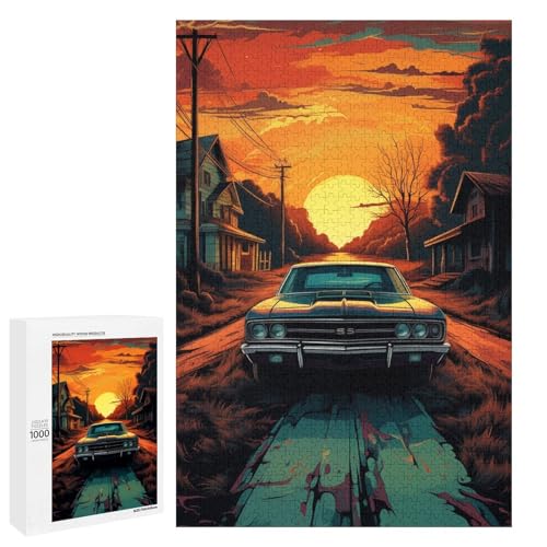 1000 teiliges Puzzle „Auto auf der Straße bei Sonnenuntergang“ für Erwachsene und Kinder runde Holzpuzzles pädagogisches Spielzeug zum Stressabbau (75 x 50 cm) von linghhiming