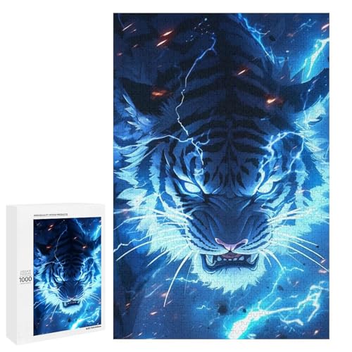 1000 teiliges Puzzle „Blue Lightning Tigers“ für Erwachsene und Kinder runde Holzpuzzles pädagogisches Spielzeug zum Stressabbau (75 x 50 cm) von linghhiming