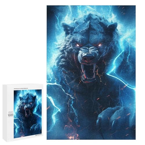 1000 teiliges Puzzle „Blue Lightning Tigers“ für Erwachsene und Kinder runde Holzpuzzles pädagogisches Spielzeug zum Stressabbau (75 x 50 cm) von linghhiming